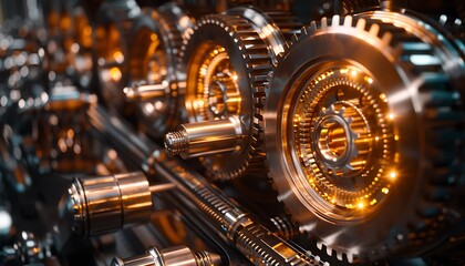 Fototapete - A close-up view of intricate, shining metallic gears, showcasing detailed engineering with reflections and light enhancements.