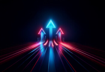 Poster - Three neon arrows point upwards on a dark, glowing road.