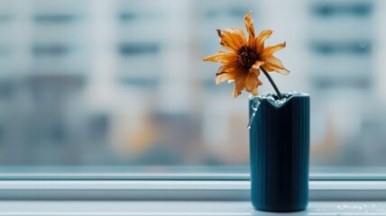 orange flower stems from a blue vase, capturing a moment of beauty against a blurred urban backdrop.