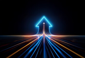 Aufkleber - A glowing neon arrow pointing upward on a dark background, with lines of light converging toward the arrow, representing a path forward.
