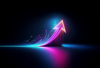 Poster - A glowing neon arrow points upward against a dark background, symbolizing growth and progress.