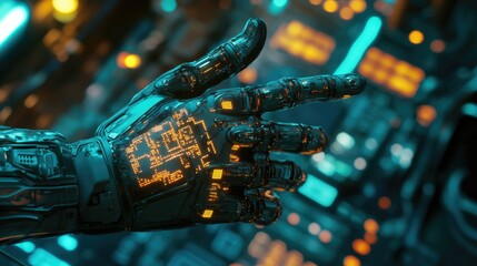 Poster - Robotic hand with glowing circuits pointing towards digital technology background