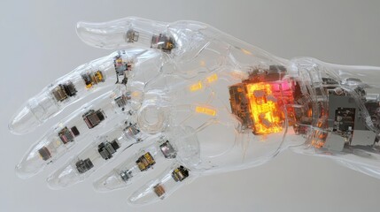 Poster - Robotic hand with transparent structure, revealing internal components and glowing circuits