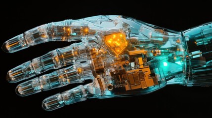 Poster - Robotic hand with transparent structure, revealing internal components and glowing circuits