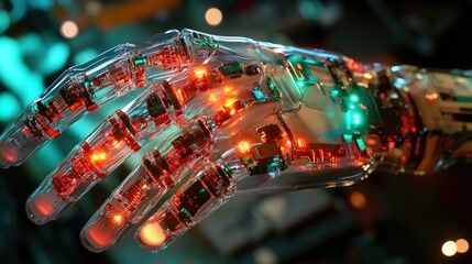 Poster - Robotic hand with transparent structure, revealing internal components and glowing circuits