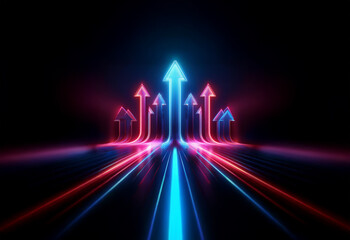 Aufkleber - A dark background with multiple glowing neon arrows pointing upwards in a forward direction.