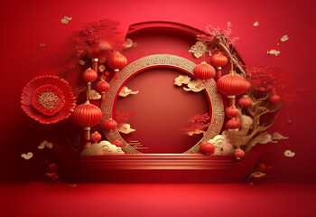 Poster - A red background with a podium,  gold and red lanterns, and ornate details, a festive scene of Chinese New Year traditions.