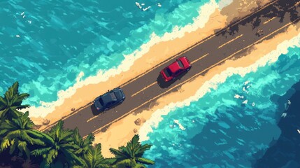 A Top-Down 8-Bit Pixel Art of Two Cars Racing on an Asphalt Road Beside a Beach with Vibrant Blue Waves and Sandy Shores for a Playful Racing Game Atmosphere