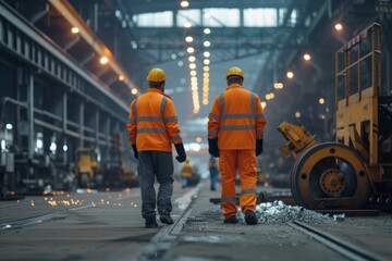 Two engineers in safety gear walk through a busy steel manufacturing facility during evening hours, inspecting operations and equipment