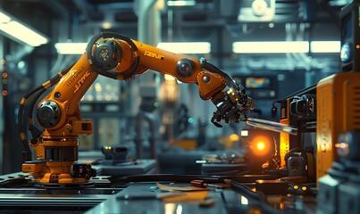 Aufkleber - A robotic arm operates in a high-tech facility, demonstrating advanced automation and manufacturing processes with bright orange accents and an illuminated workspace.