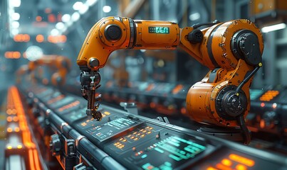 Aufkleber - A close-up of an industrial robotic arm working on a sleek assembly line with illuminated controls and a futuristic factory background.