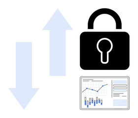 Lock symbolizing security, two arrows indicating data flow, and a financial analytics dashboard with charts and graphs. Ideal for cybersecurity, data protection, financial analysis, information flow