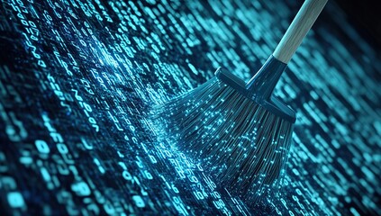 A broom sweeps away a digital code background, representing data deletion or cleaning.