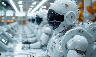 Aufkleber - A row of futuristic robots with sleek designs, equipped with helmets and sophisticated technology, set in a modern environment.
