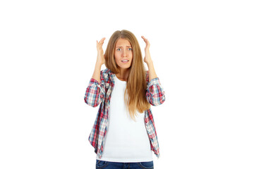 Wall Mural - Young woman with long hair looking worried, isolated on white background. Concept of confusion and anxiety