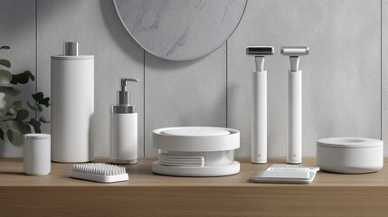 Minimalist Bathroom Essentials with Modern Design on Wooden Shelf