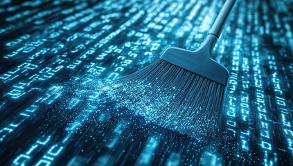 A broom sweeps away digital data, represented as blue glowing lines and numbers, on a black background, symbolizing data deletion or cleaning.