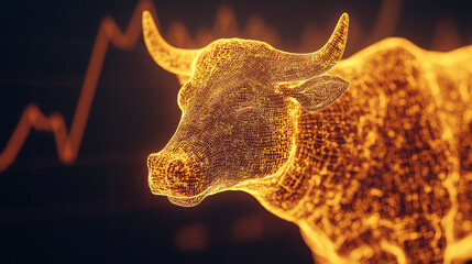 A glowing, digital representation of a bull, showcasing intricate details and patterns against a dark background with a rising trend graph.