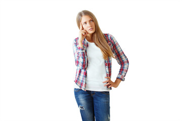 Wall Mural - Young woman thinking, wearing casual plaid shirt and jeans, isolated on white background. Concept of contemplation and decision-making