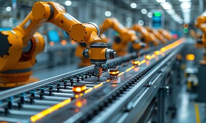 Aufkleber - A modern automated factory scene featuring orange robotic arms working efficiently on an assembly line.