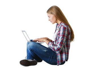Poster - Woman in casual outfit sits typing on a laptop. Isolated on white background. Concept of remote work and technology use