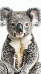 A close-up portrait of a koala looking directly at the camera with a curious expression.