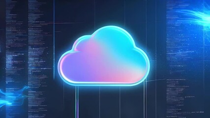 3D glowing cloud icon on a blue background with code and digital lines.