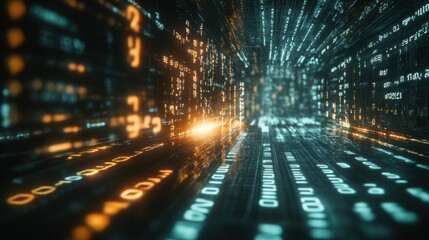 Wall Mural - computer screen with binary numbers highlighted as they move rapidly,