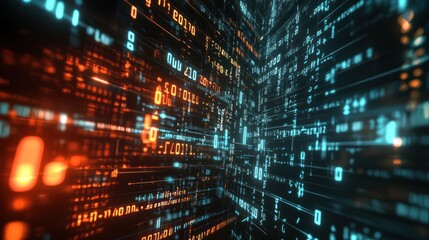 Wall Mural - computer screen with binary numbers highlighted as they move rapidly,
