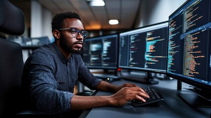 Wall Mural - A programmer analyzing complex data on multiple computer screens, showcasing code related