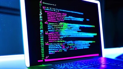 Close-up of a laptop screen with colorful code lines.