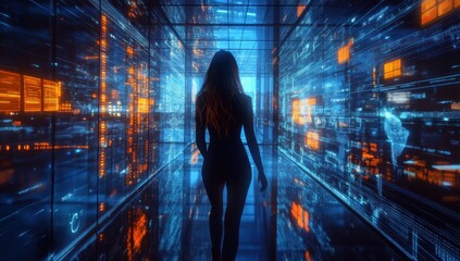 Wall Mural - Woman Walking Through Digital Corridor