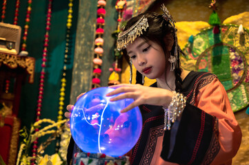 Portrait young pretty Mongol woman in traditional Mongolian costume