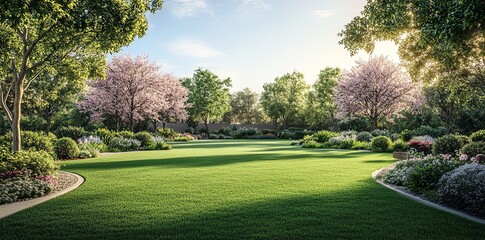 A beautiful green lawn with blooming trees and lush landscaping in a serene park setting on a bright sunny day.