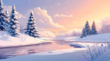 Wall Mural - Serene winter landscape showcasing snow-covered trees and a tranquil river under a beautiful sky. Frozen River. Illustration