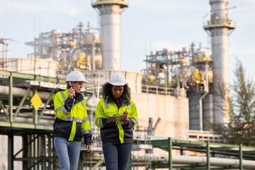 Two female engineers in high-visibility jackets and hard hats conducting a field inspection at an industrial plant with refinery structures in the background, ensuring workplace safety and efficiency