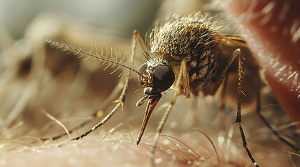 Close-up of mosquitoes, mosquitoes or forest mosquitoes with the scientific name Aedes albopictus (Stegomyia albopicta), mosquitoes that suck blood in human body parts
