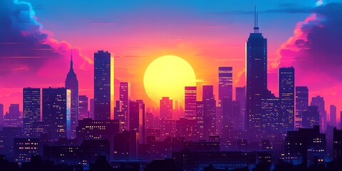 Fototapete - Silhouette of a city skyline at sunset with a bright yellow sun.
