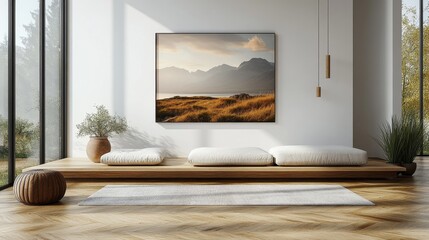 A modern minimalist living room with a white wall adorned with Icelandic landscape photos on a TV, and a spacious wooden floor in front, complemented by an elegant design