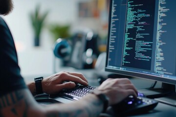 Wall Mural - man at computer, software developer working on coding script or cyber security in bright modern offi