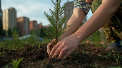 A close-up of young people planting trees in urban parks, emphasizing eco-friendly development and sustainability. Capture the essence of urban green spaces under natural light.