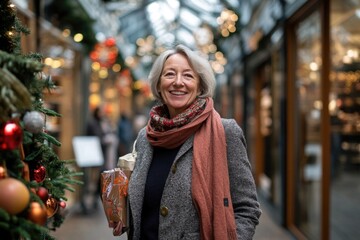 Happy smiling middle aged woman in winter clothes at street Christmas market in Paris	
