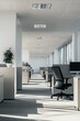 © Cloudyew - A large open office space with cubicles and chairs. There are potted plants in the room and a large window. Scene is professional and organized