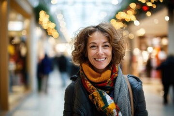 Happy smiling middle aged woman in winter clothes at street Christmas market in Paris	
