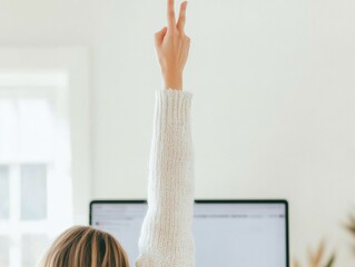 Poster - Young Woman Engaged in Online Class with Raised Hand in Bright Home Setting
