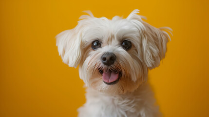 white shih tzu dog, happy expression, yellow background, studio photography, portrait shot