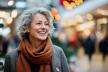 Happy smiling middle aged woman in winter clothes at street Christmas market in Paris	
