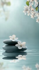 Wall Mural - A blue background with white flowers and rocks