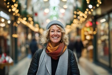 Happy smiling middle aged woman in winter clothes at street Christmas market in Paris	
