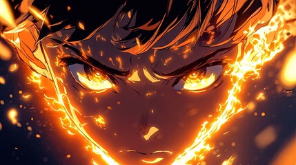 Powerful anime figure with bright, blazing eyes, with light effects radiating from their gaze, creating an intense look.